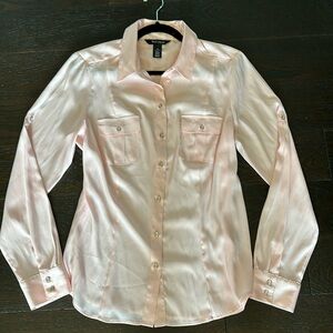 White House Black Market Pink Button Up Long Sleeve Blouse Front Pockets sz 12